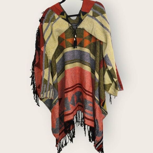 Marc New York Poncho Southwestern Cape One Size Black Rust Earthy Western Gorp‎ - Picture 12 of 13